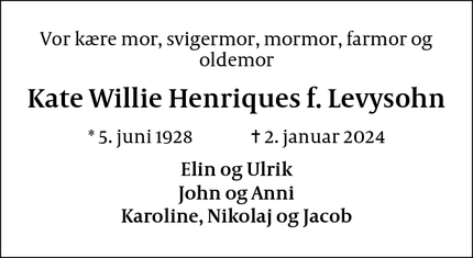 Dødsannoncen for Kate Willie Henriques f. Levysohn - Fredensborg
