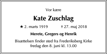 Dødsannoncen for Kate Zuschlag - Frederiksberg
