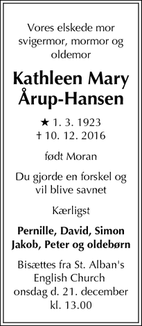 Dødsannoncen for Kathleen Mary Årup-Hansen - Nærum