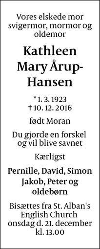 Dødsannoncen for Kathleen Mary Årup-Hansen - Nærum