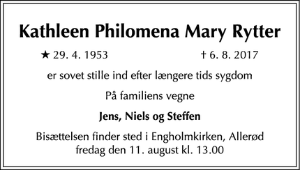 Dødsannoncen for Kathleen Philomena Mary Rytter - Allerød