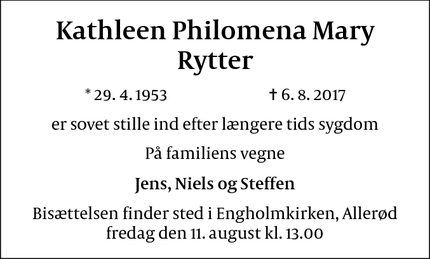 Dødsannoncen for Kathleen Philomena Mary Rytter - Allerød