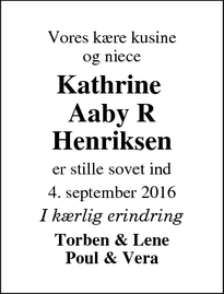 Dødsannoncen for Kathrine Aaby R Henriksen - Ejby