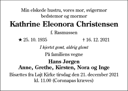 Dødsannoncen for Kathrine Eleonora Christensen - Løjt Kirkeby