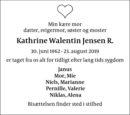 Dødsannoncen for Kathrine Walentin Jensen R. - København