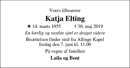 Dødsannoncen for Katja Elting - Allinge