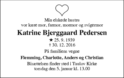 Dødsannoncen for Katrine Bjerggaard Pedersen - Fredericia