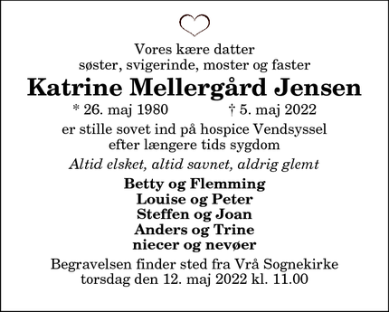 Dødsannoncen for Katrine Mellergård Jensen - Østervrå