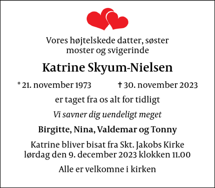 Dødsannoncen for Katrine Skyum-Nielsen - Frederiksberg