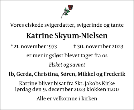 Dødsannoncen for Katrine Skyum-Nielsen - Frederiksberg