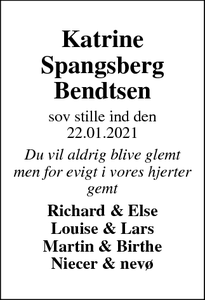 Dødsannoncen for Katrine Spangsberg Bendtsen  - Tim