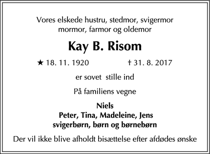 Dødsannoncen for Kay B. Risom - København
