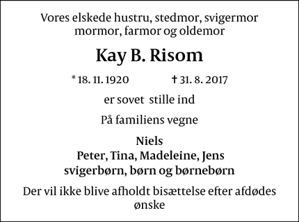 Dødsannoncen for Kay B. Risom - København