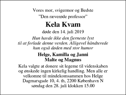Dødsannoncen for Kela Kvam - Store Heddinge