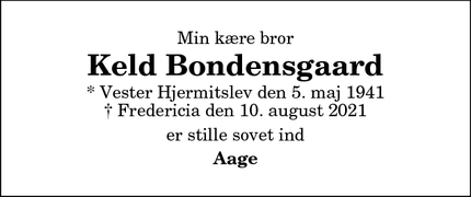 Dødsannoncen for Keld Bondensgaard - Fredericia