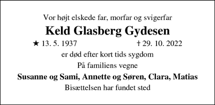 Dødsannoncen for Keld Glasberg
Gydesen - Gentofte