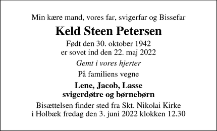 Dødsannoncen for Keld Steen Petersen - Holbæk