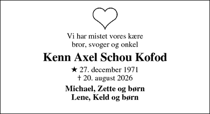 Dødsannoncen for Kenn Axel Schou Kofod - Gudhjem