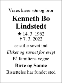 Dødsannoncen for Kenneth Bo
Lindstedt - København S