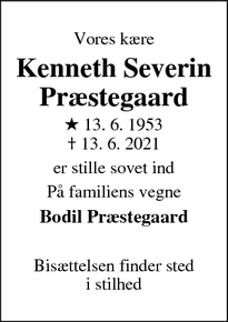 Dødsannoncen for Kenneth Severin
Præstegaard - Grindsted