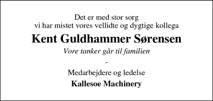 Dødsannoncen for Kent Guldhammer Sørensen - Lem