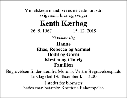 Dødsannoncen for Kenth Kærhøg - Hellerup