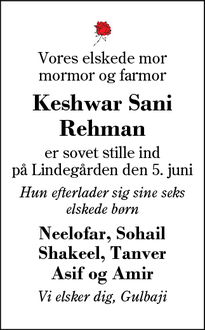 Dødsannoncen for Keshwar Sani
Rehman - Herning