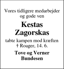 Dødsannoncen for Kestas
Zagorskas - Ribe