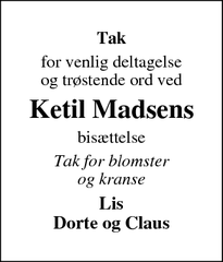 Dødsannoncen for Ketil Madsens - Gilleleje