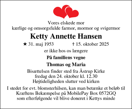 Dødsannoncen for Ketty Annette Hansen - Haderslev