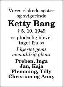 Dødsannoncen for Ketty Bang - Sæby