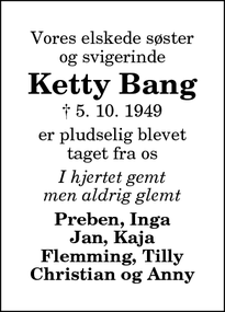 Dødsannoncen for Ketty Bang - Sæby