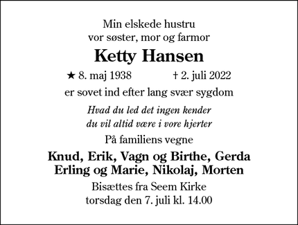 Dødsannoncen for Ketty Hansen - Ribe