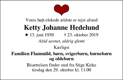 Dødsannoncen for Ketty Johanne Hedelund - Odense