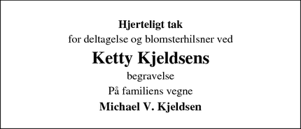 Dødsannoncen for Ketty Kjeldsens - Horsens, stensballe