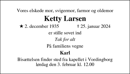 Dødsannoncen for Ketty Larsen - Nykøbing F