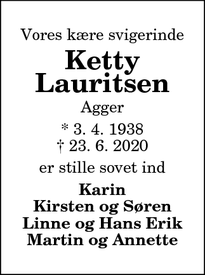 Dødsannoncen for Ketty Lauritsen - Agger 