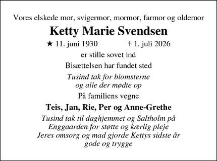 Dødsannoncen for Ketty Marie Svendsen - Dragør