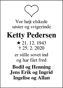 Dødsannoncen for Ketty Pedersen - Holstebro