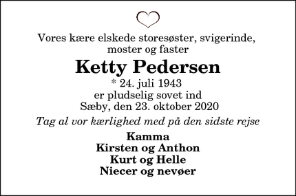 Dødsannoncen for Ketty Pedersen - Sæby