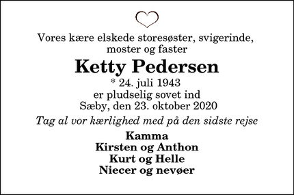 Dødsannoncen for Ketty Pedersen - Sæby