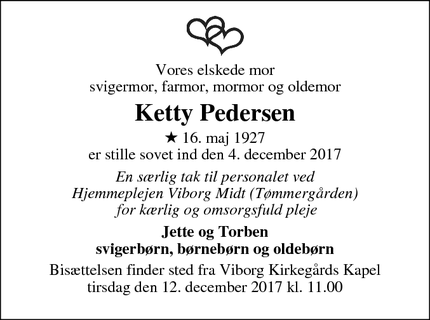 Dødsannoncen for Ketty Pedersen - Viborg