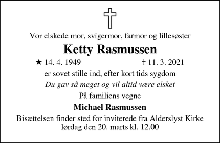 Dødsannoncen for Ketty Rasmussen - Silkeborg