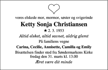 Dødsannoncen for Ketty Sonja Christiansen - Vejle