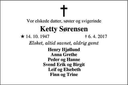 Dødsannoncen for Ketty Sørensen - Videbæk