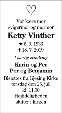 Dødsannoncen for Ketty Vinther - Esbjerg