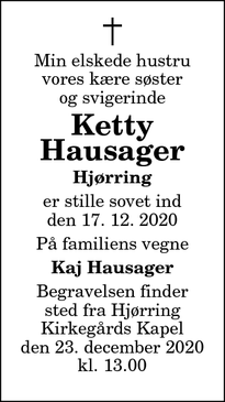 Dødsannoncen for Ketty
Hausager - Hjørring