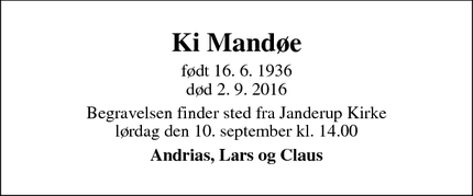 Dødsannoncen for Ki Mandøe - Varde