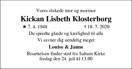 Dødsannoncen for Kickan Lisbeth Klosterborg - Århus