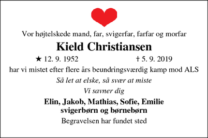 Dødsannoncen for Kield Christiansen - Store Torup, Ulbjerg.